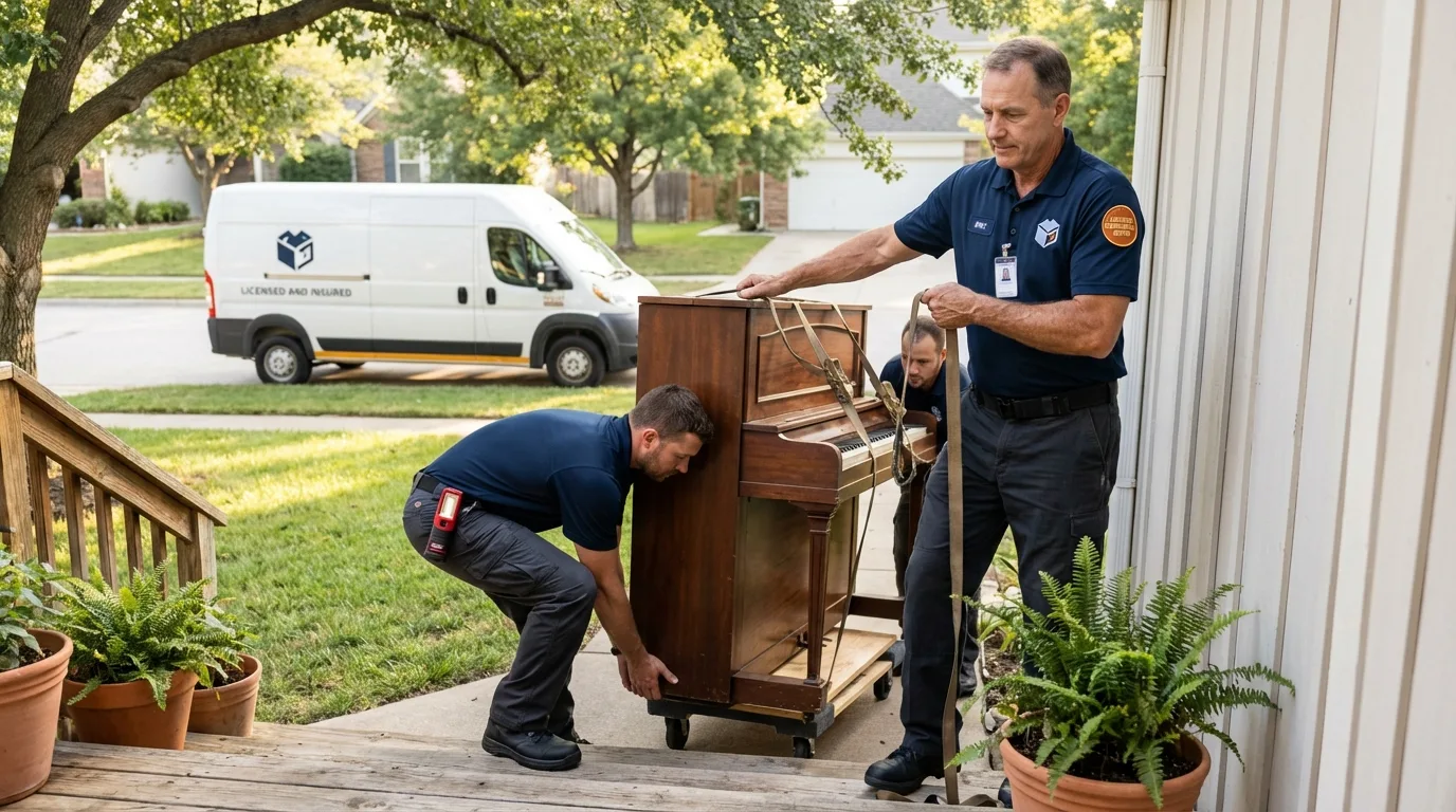 Licensed piano movers securing grand piano in Lake Crystal, MN